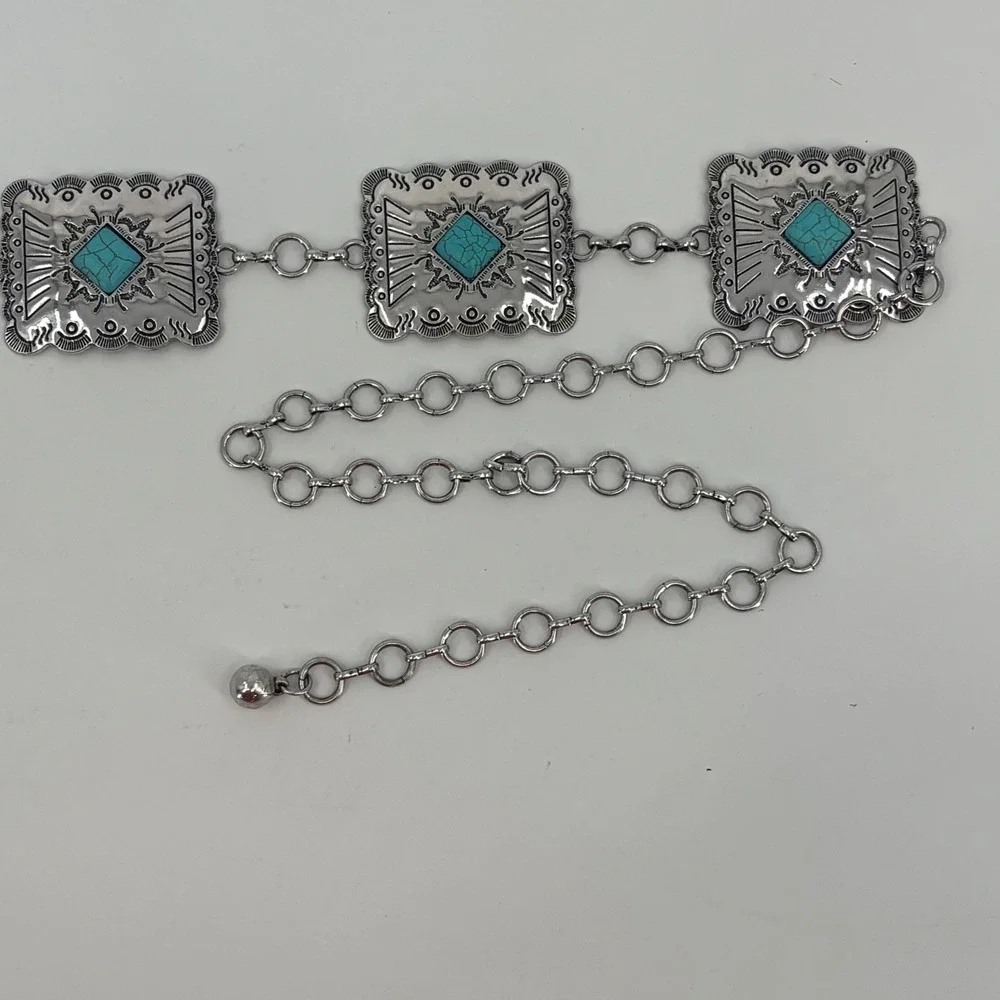 Austin West Concho Chain Belt Women M/L Silver Turquoise Western Boho Adjustable